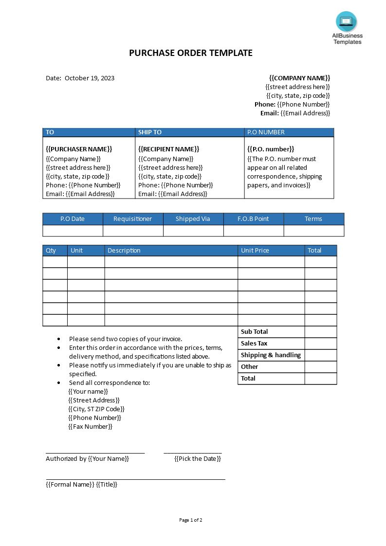purchase order form template modèles