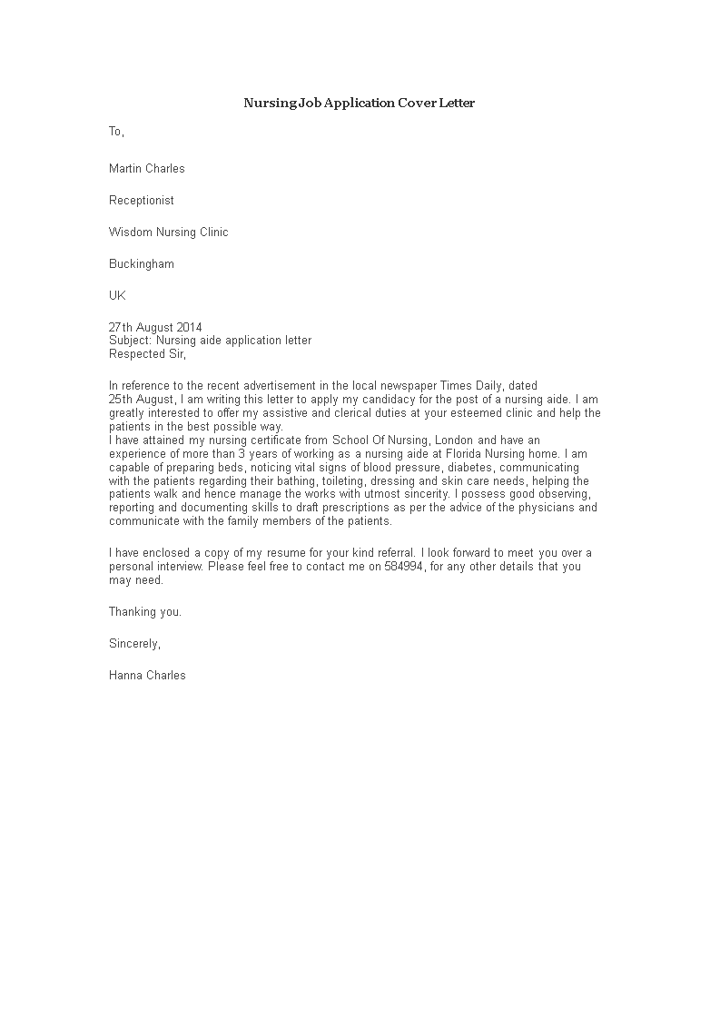 job application letter sample nursing