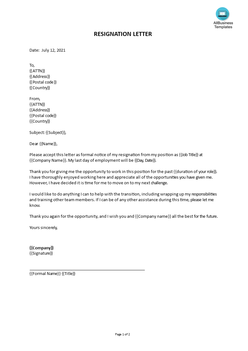 example resignation letter template