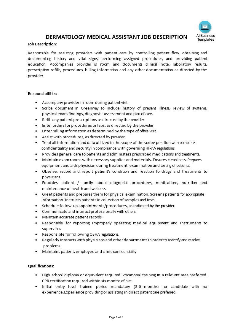 dermatology medical assistant job description template