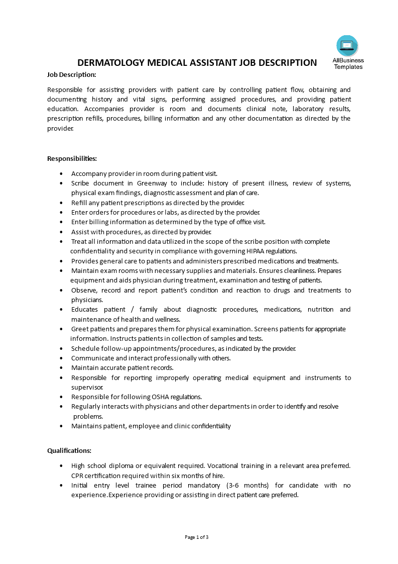 Dermatology Medical Assistant Job Description main image