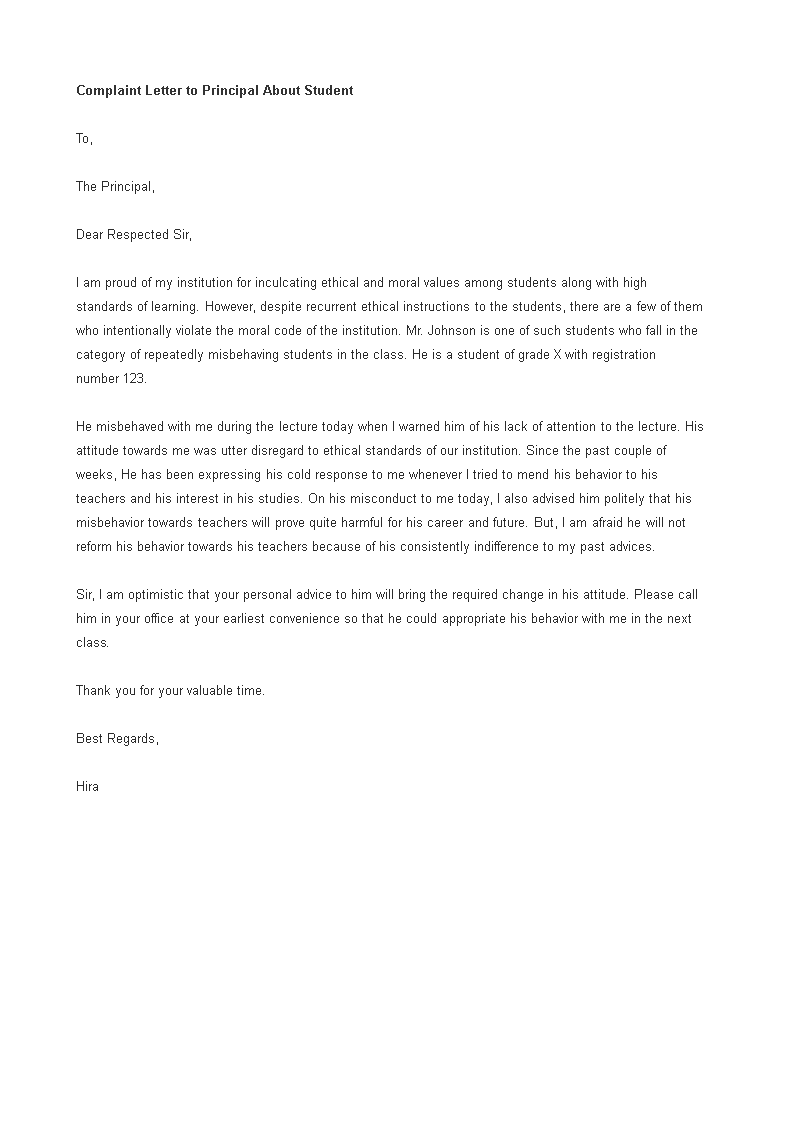 complaint letter to principal about student template