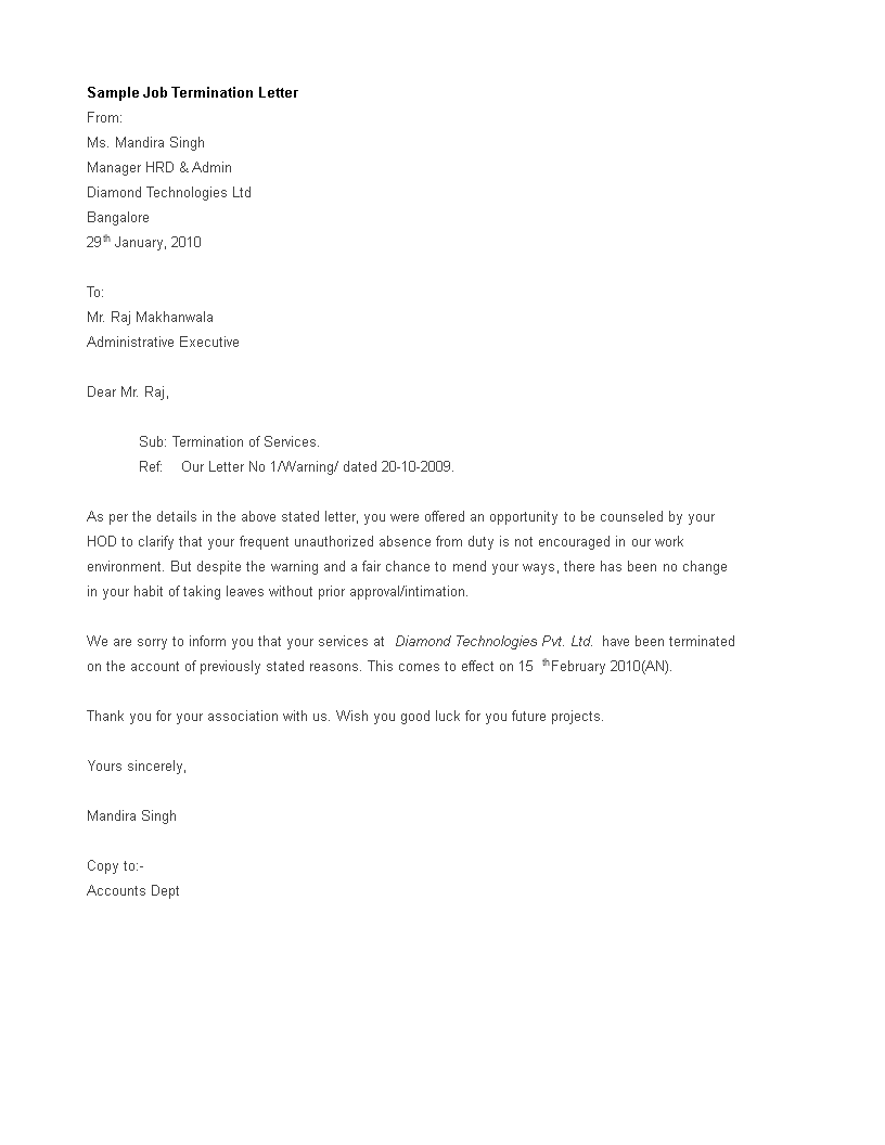 sample job termination letter template