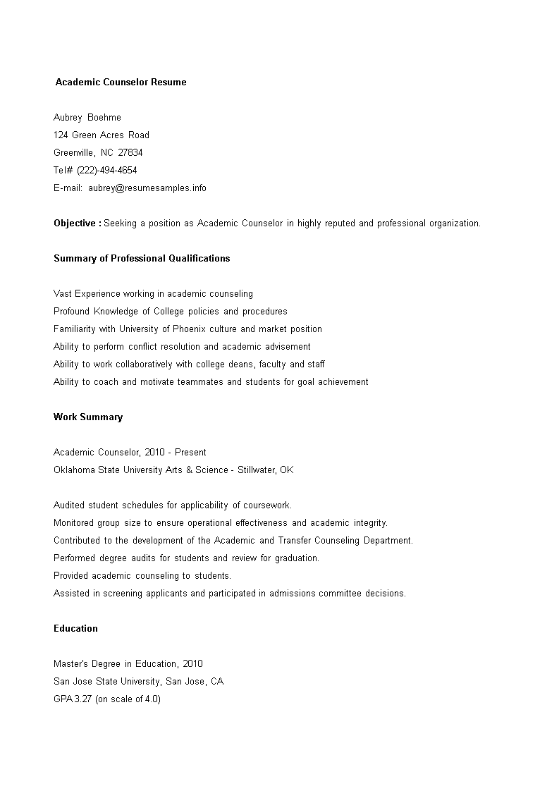 academic counselor resume voorbeeld afbeelding 