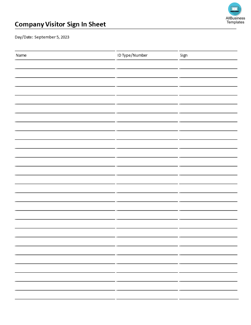 Company Visitor Sign In Sheet 3 columns main image