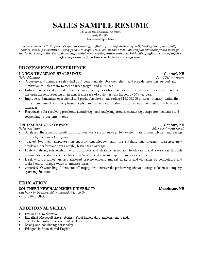 resume templates for sales professionals