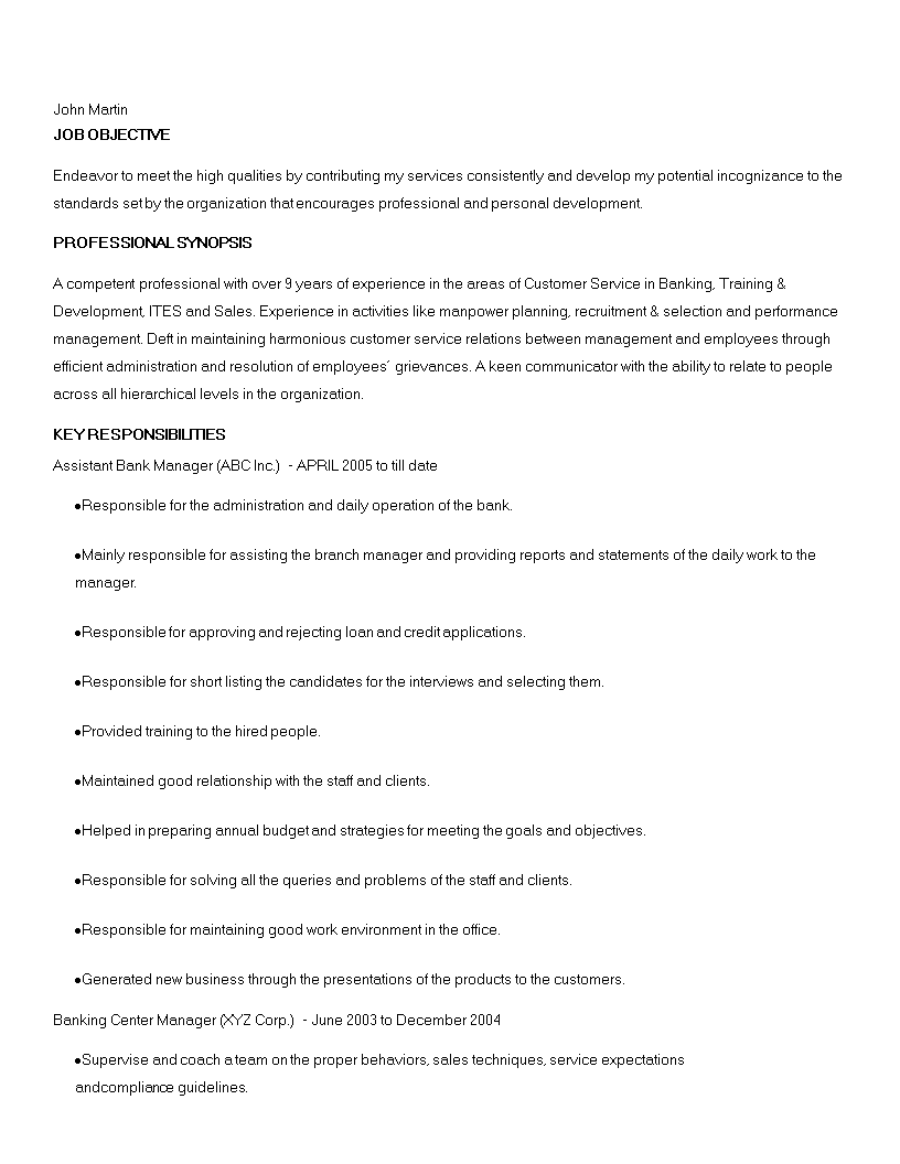 assistant banking manager resume modèles