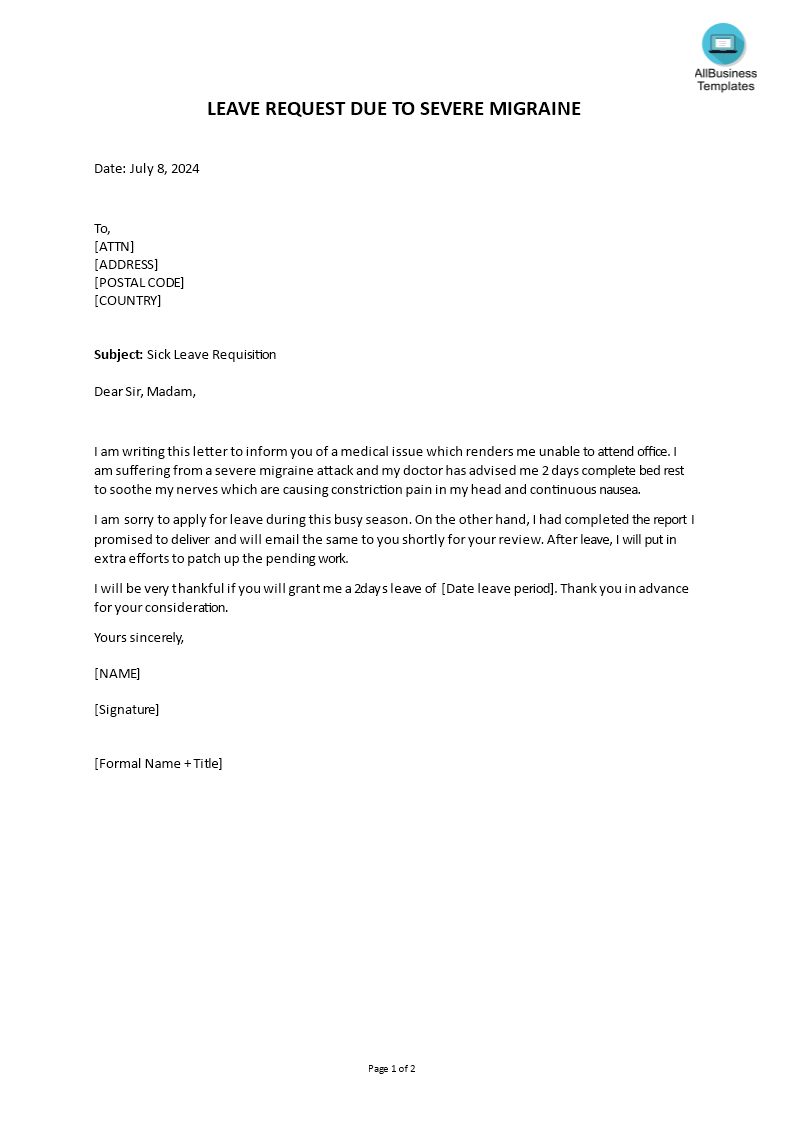 sick leave application letter for severe migraine template