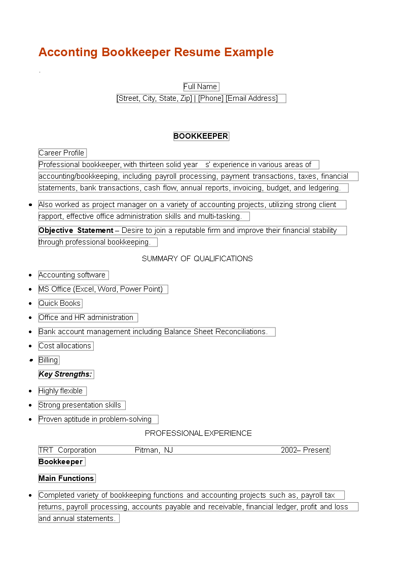 Accouting Bookkeeper Resume 模板