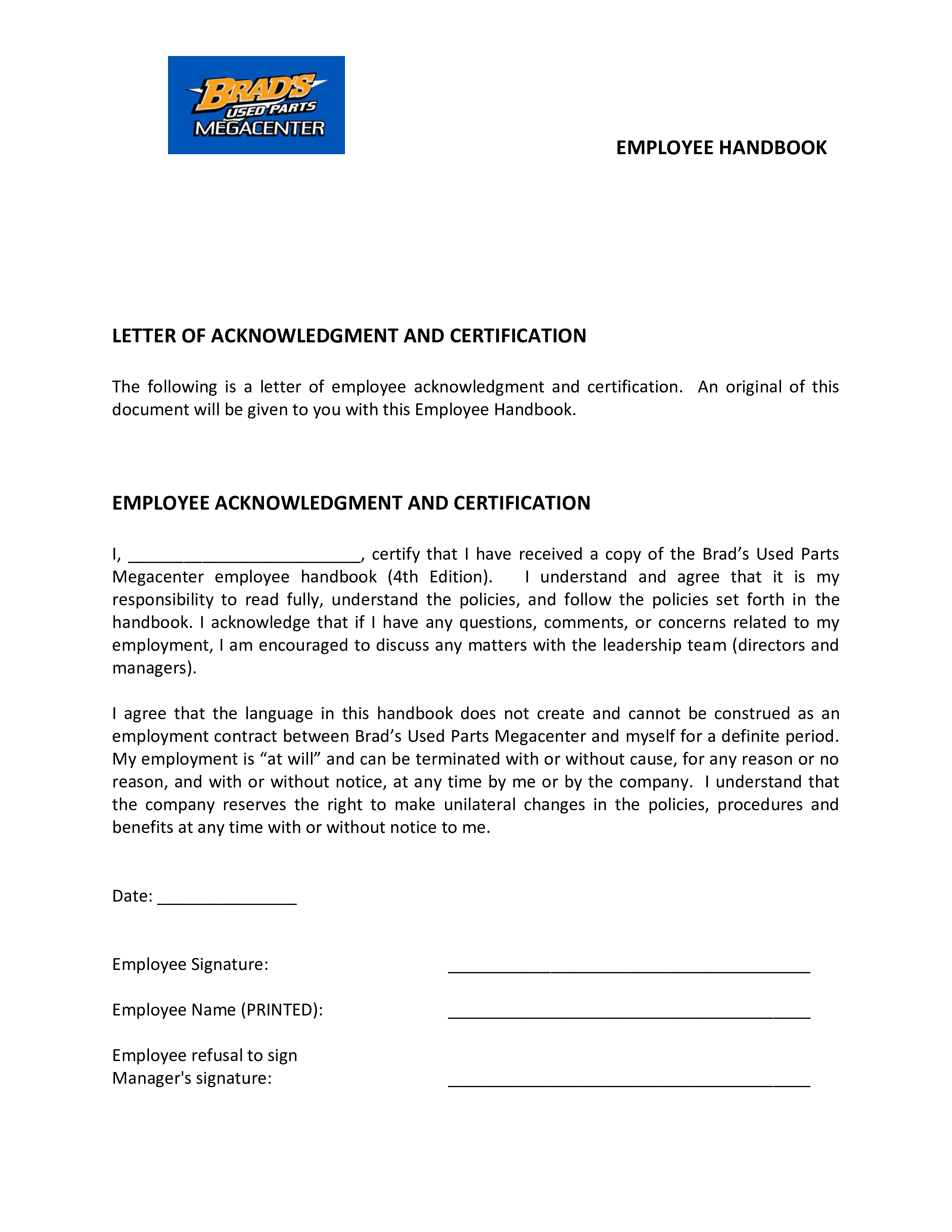 employee handbook acknowledgement letter Hauptschablonenbild