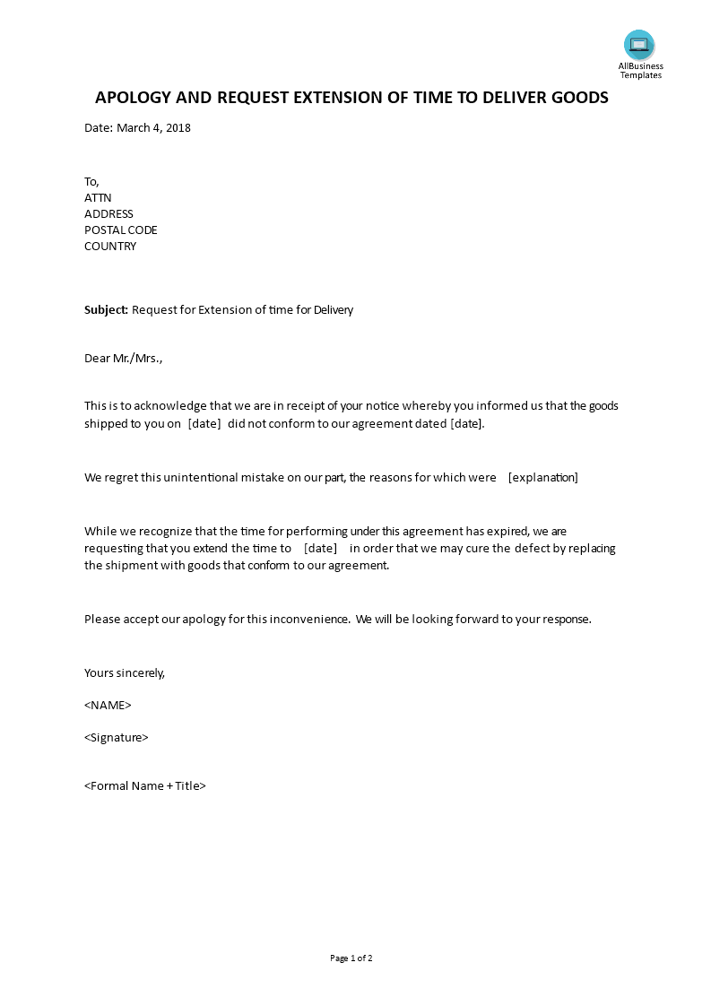 apology request letter extension time to deliver template