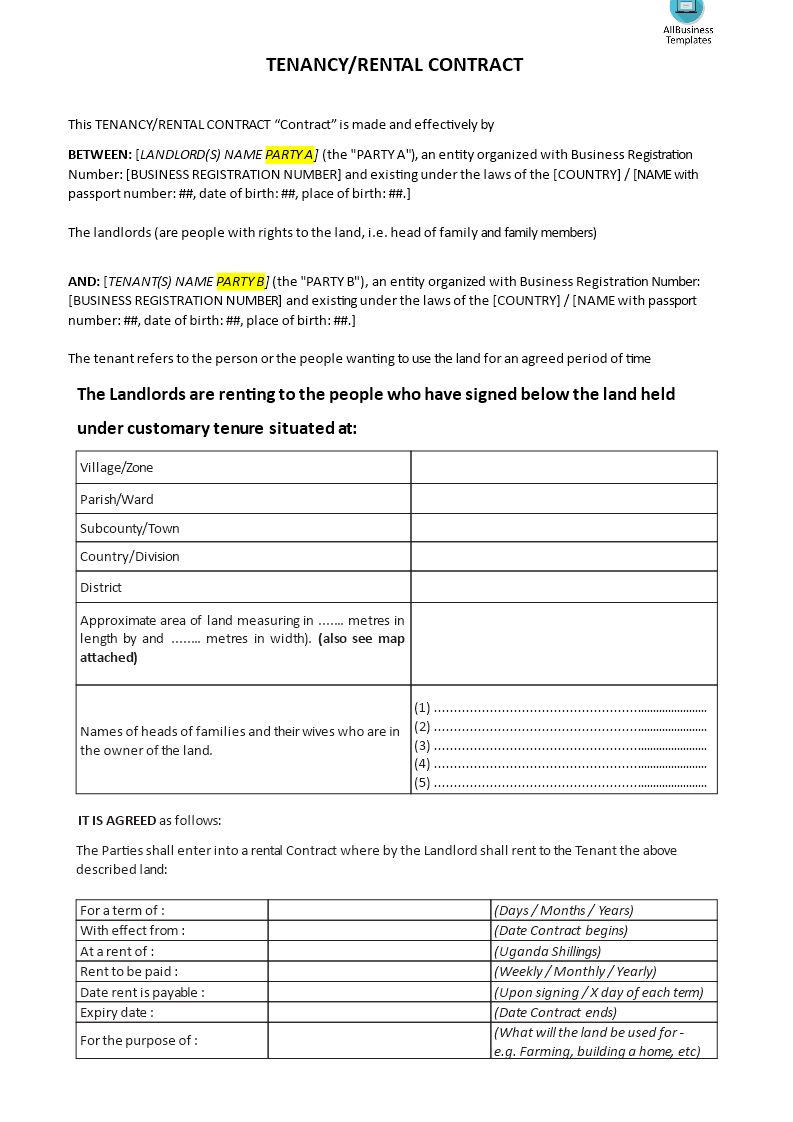 tenancy rental contract lease of land template