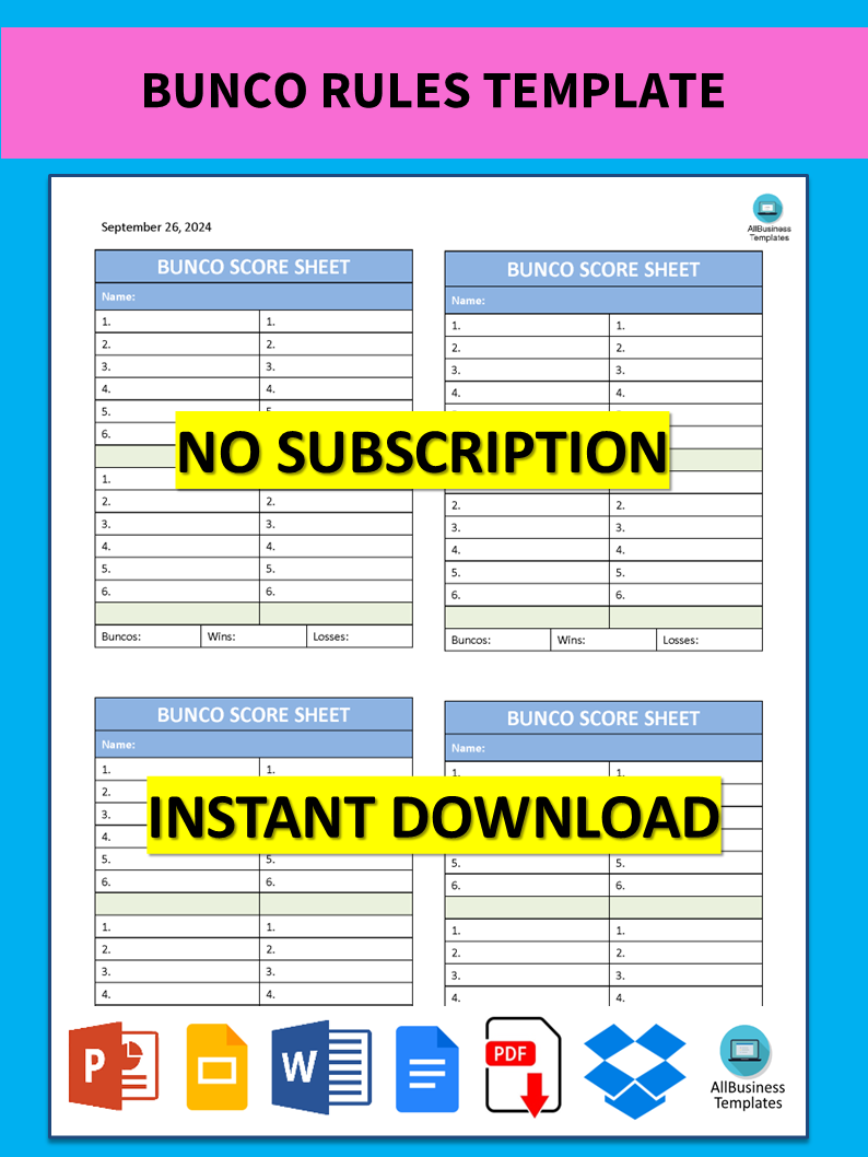 bunco rules template modèles