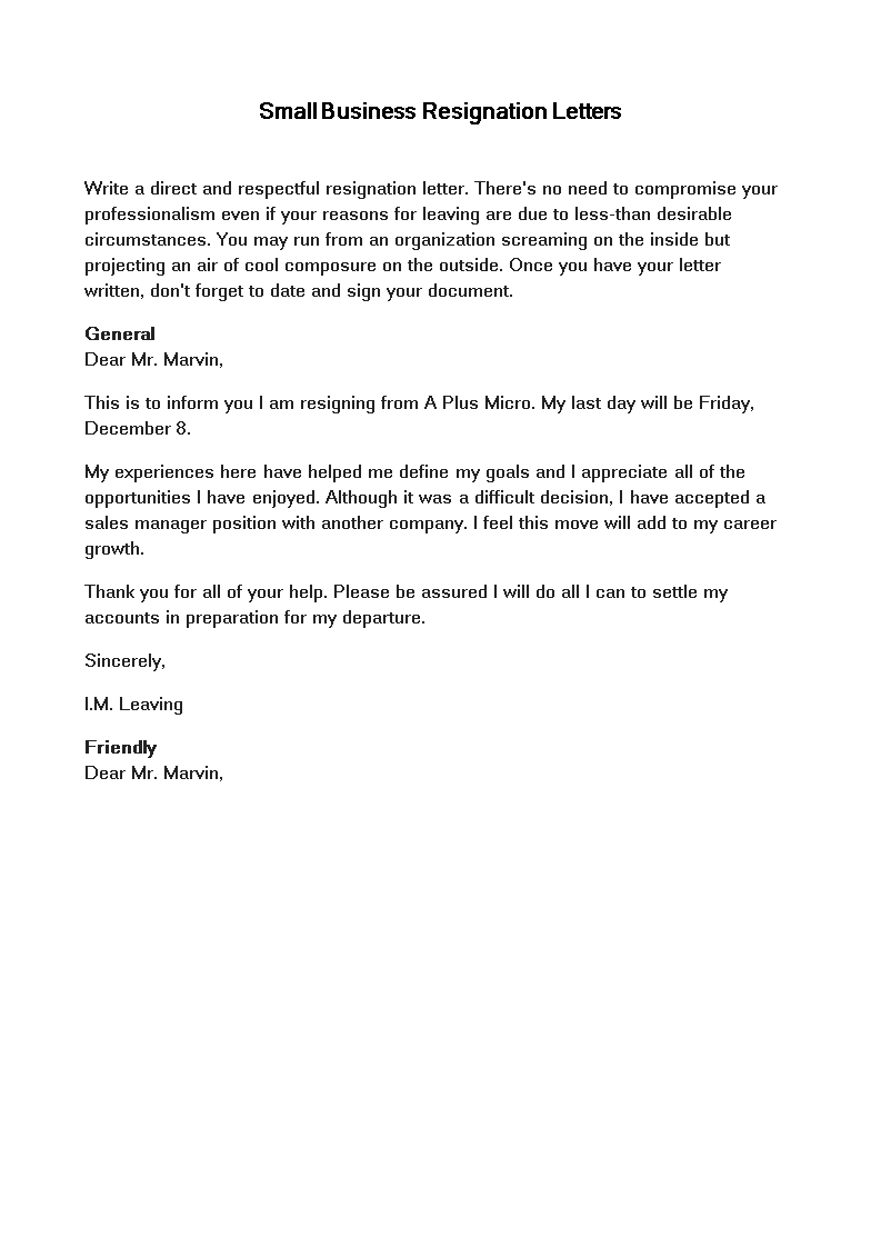 small business resignation letter modèles