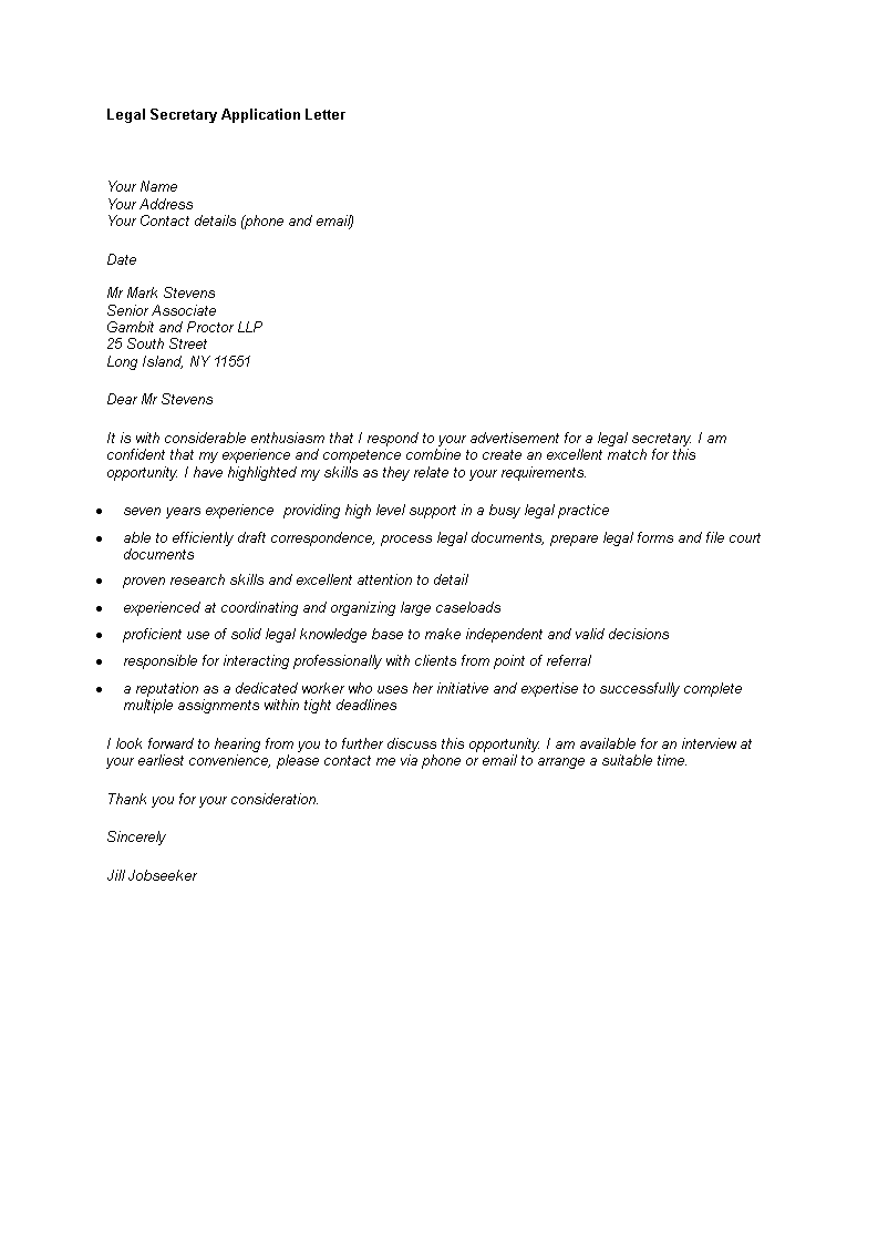 example of application letter legal secretary
