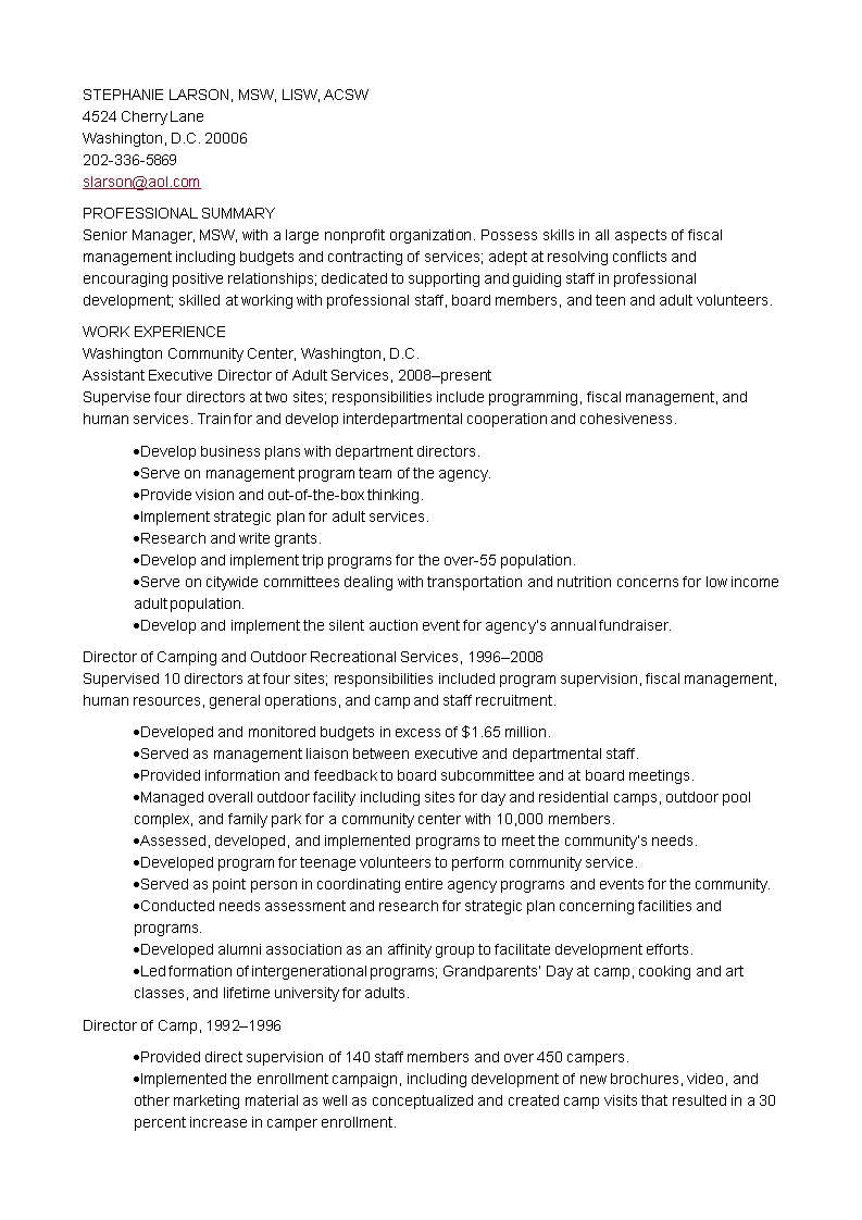 senior manager social work resume template