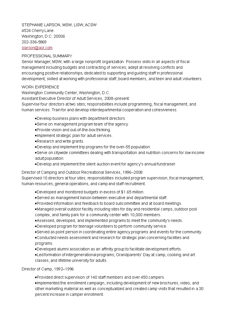 senior manager social work resume plantilla imagen principal