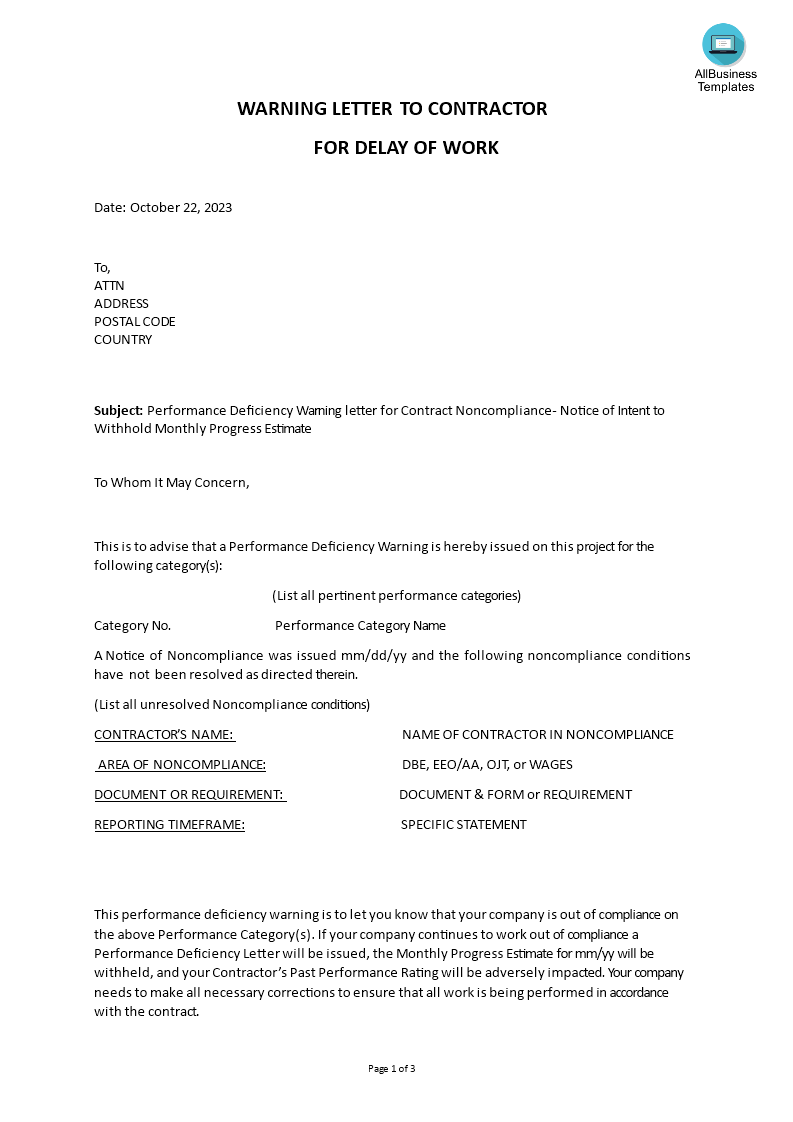 warning letter to contractor for delay of work template