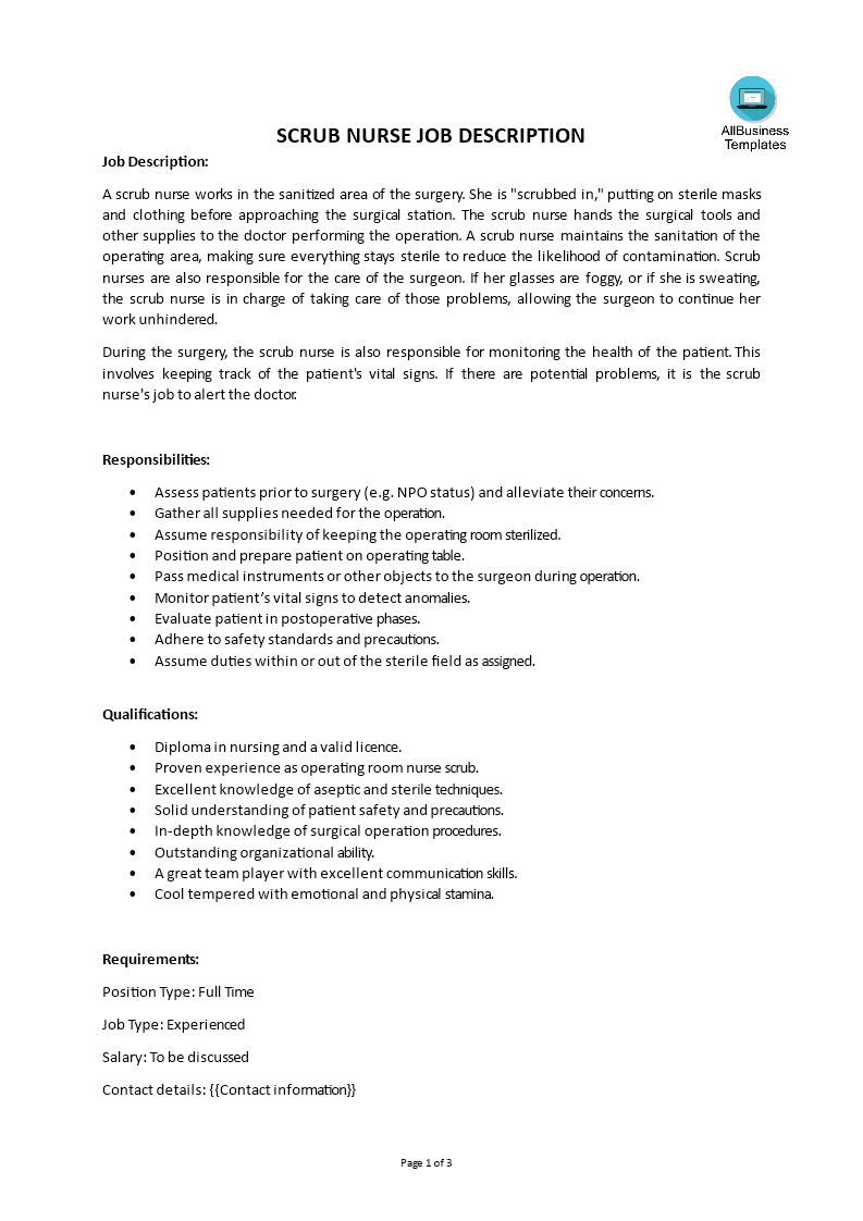 scrub nurse job description template