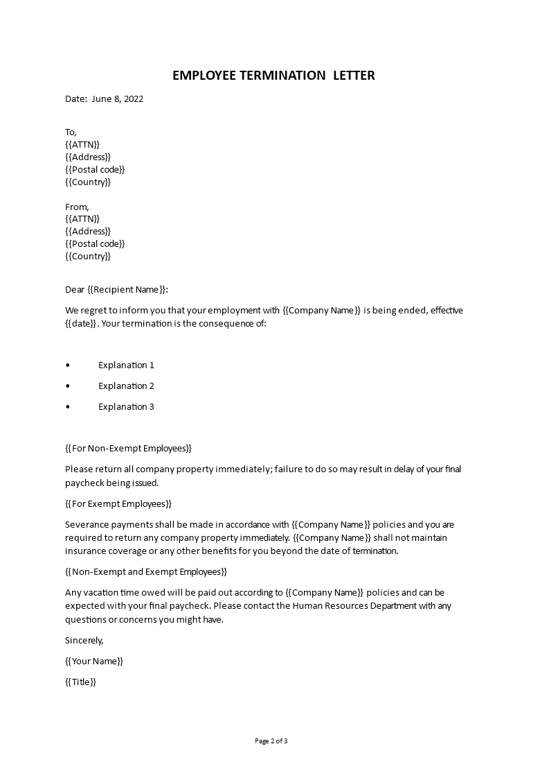 employee termination letter sample template