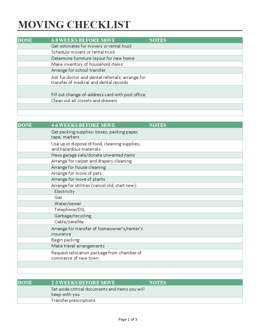 moving checklist sample template