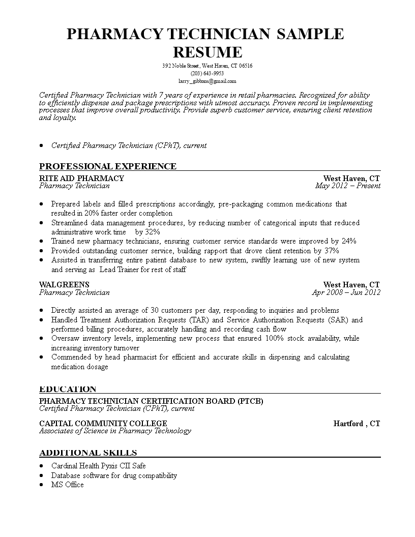 pharmacy technician resume sample modèles