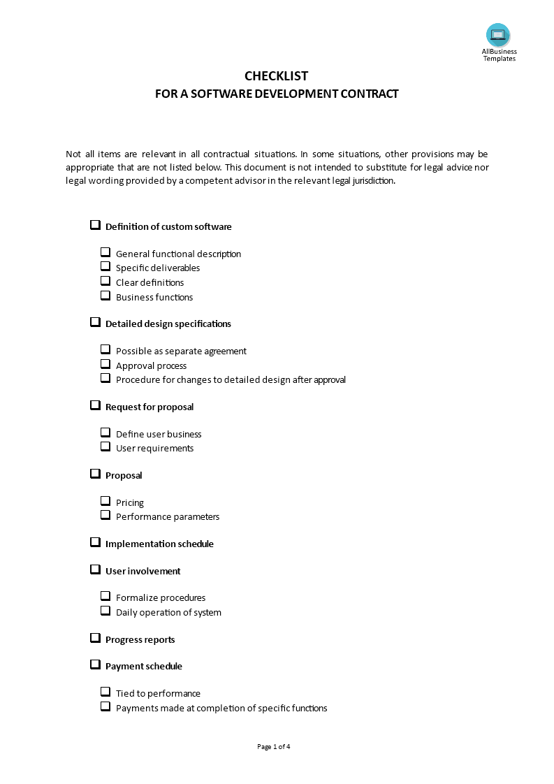 checklist software development contract template