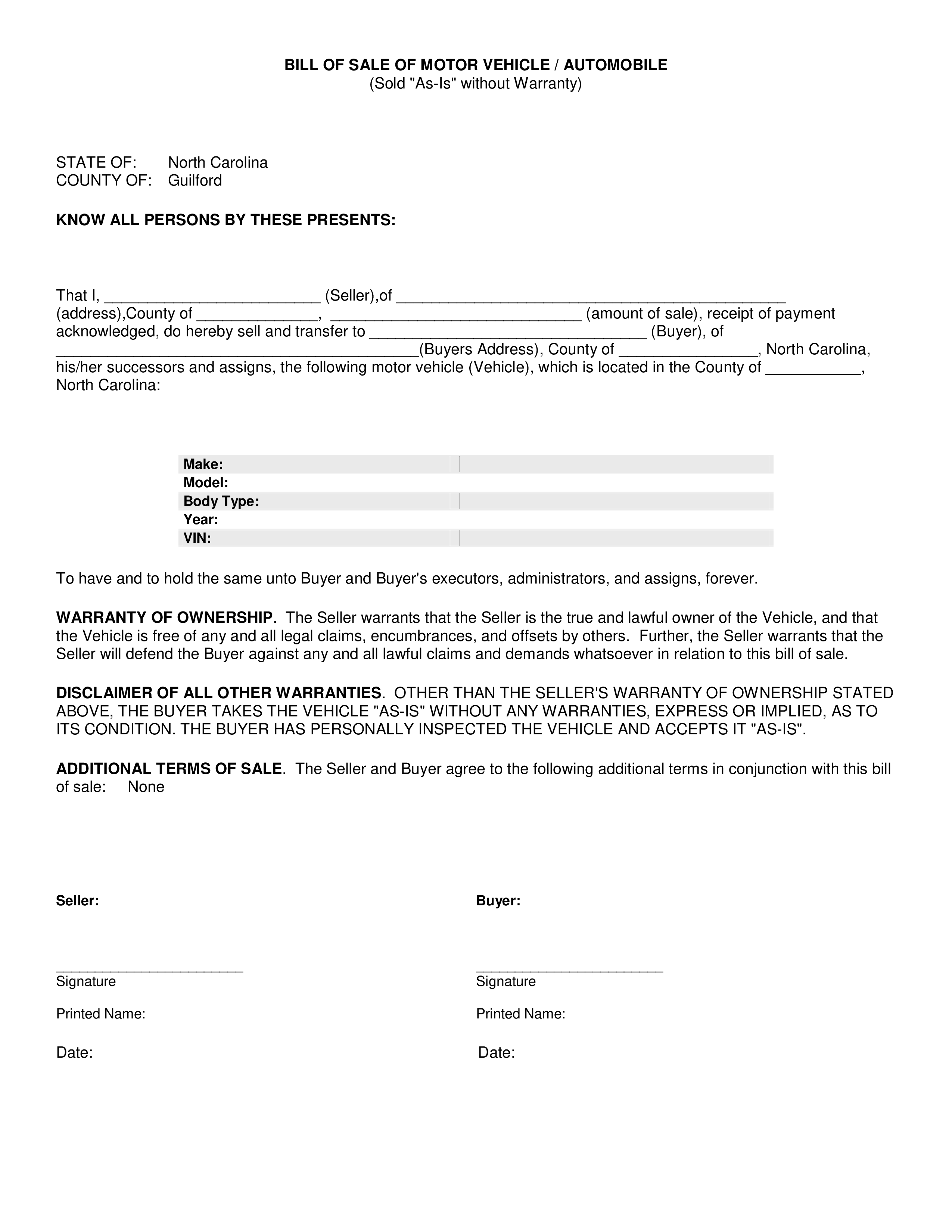 printable automobile bill of sale voorbeeld afbeelding 