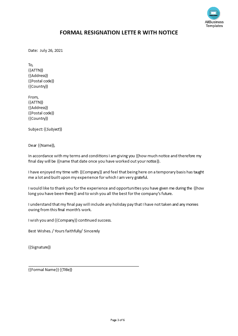 Resignation Letter With Short Notice from www.allbusinesstemplates.com