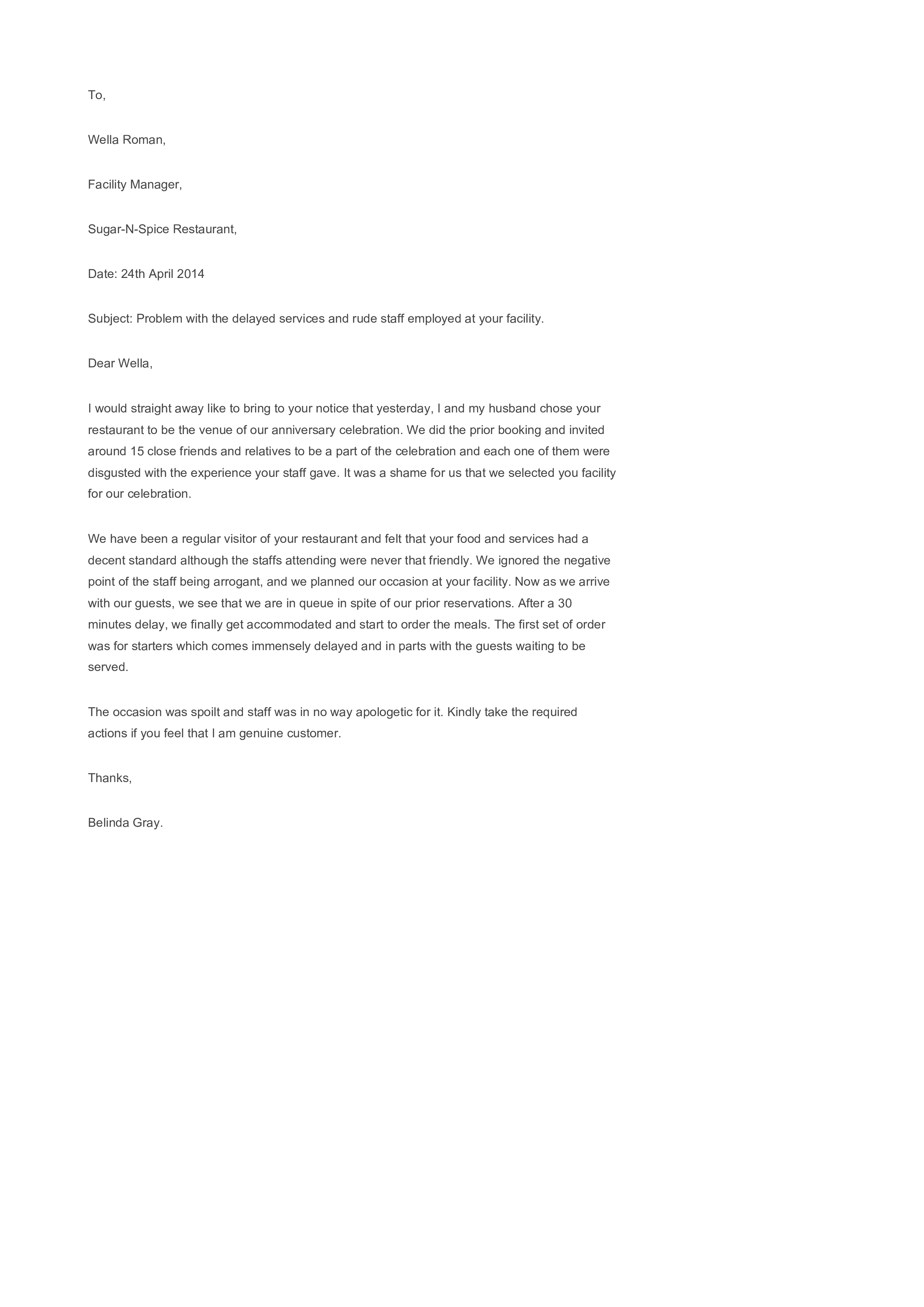 Kostenloses Restaurant Complaint Response Letter