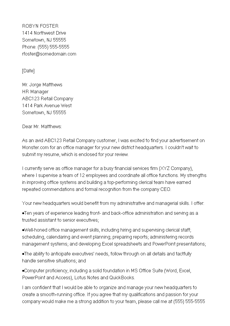 sample office email cover letter template