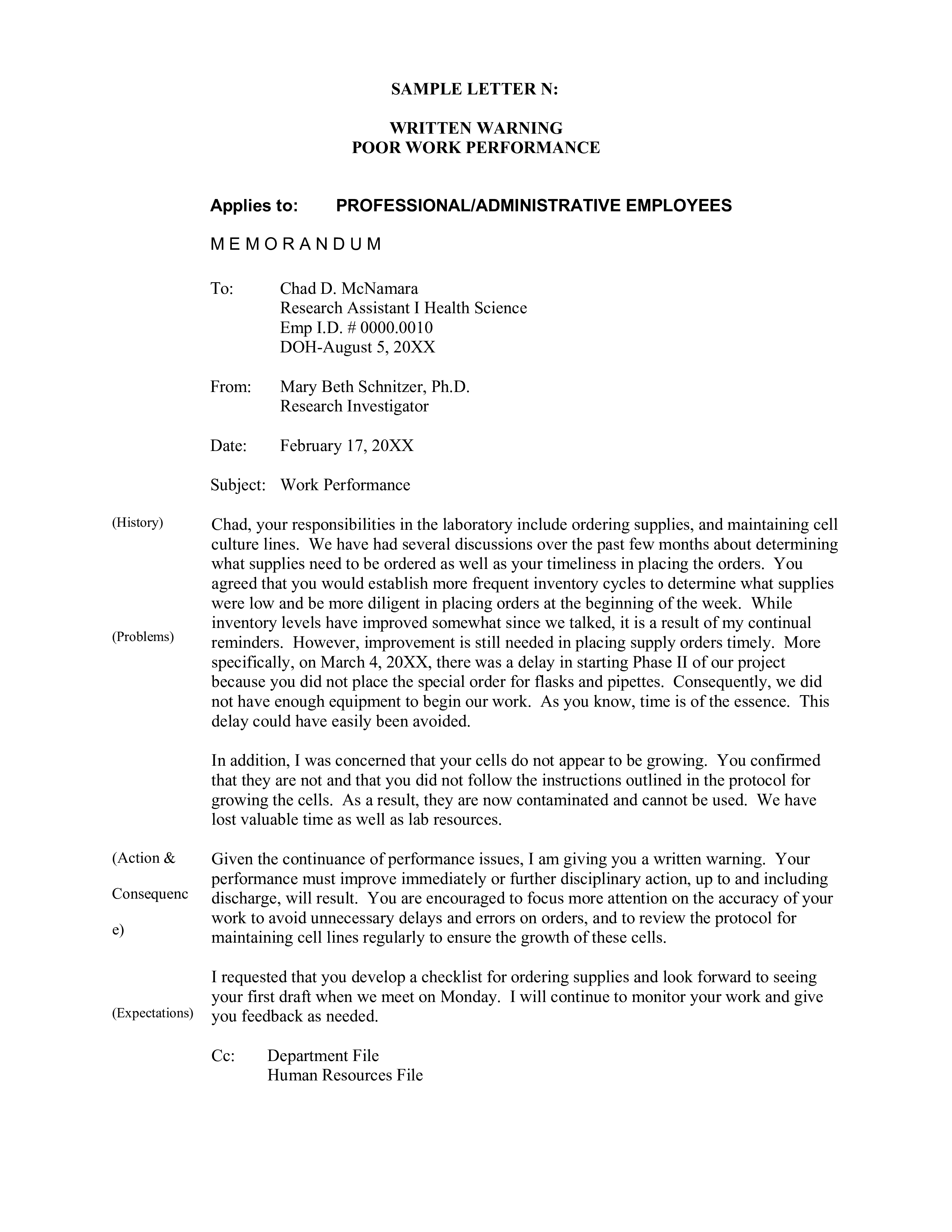 Written Letter Poor Work Performance 模板