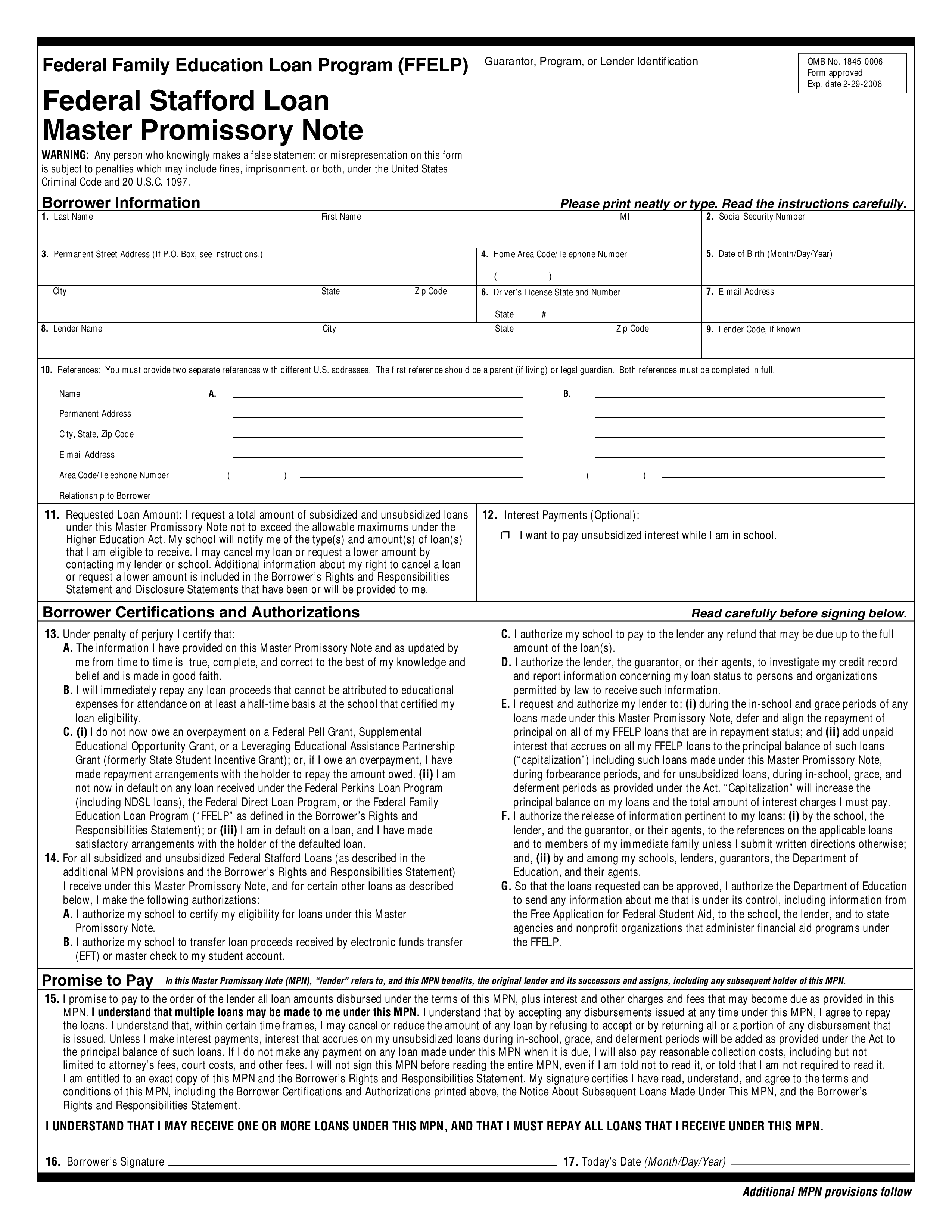 Federal Family Education Loan Note Sample 模板