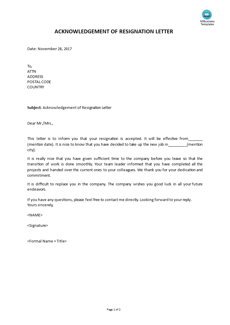 Acknowledgement Of Resignation Letter main image