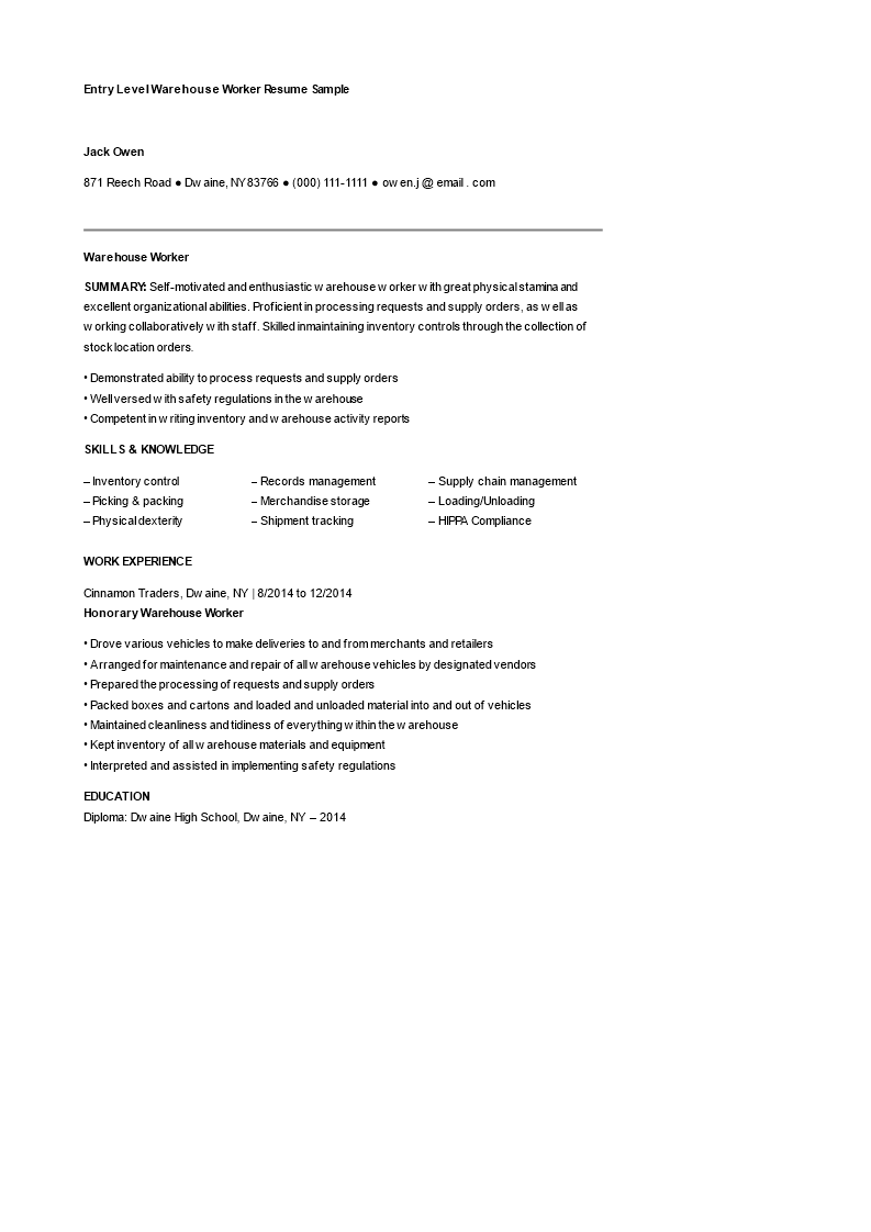 entry level warehouse worker resume sample template