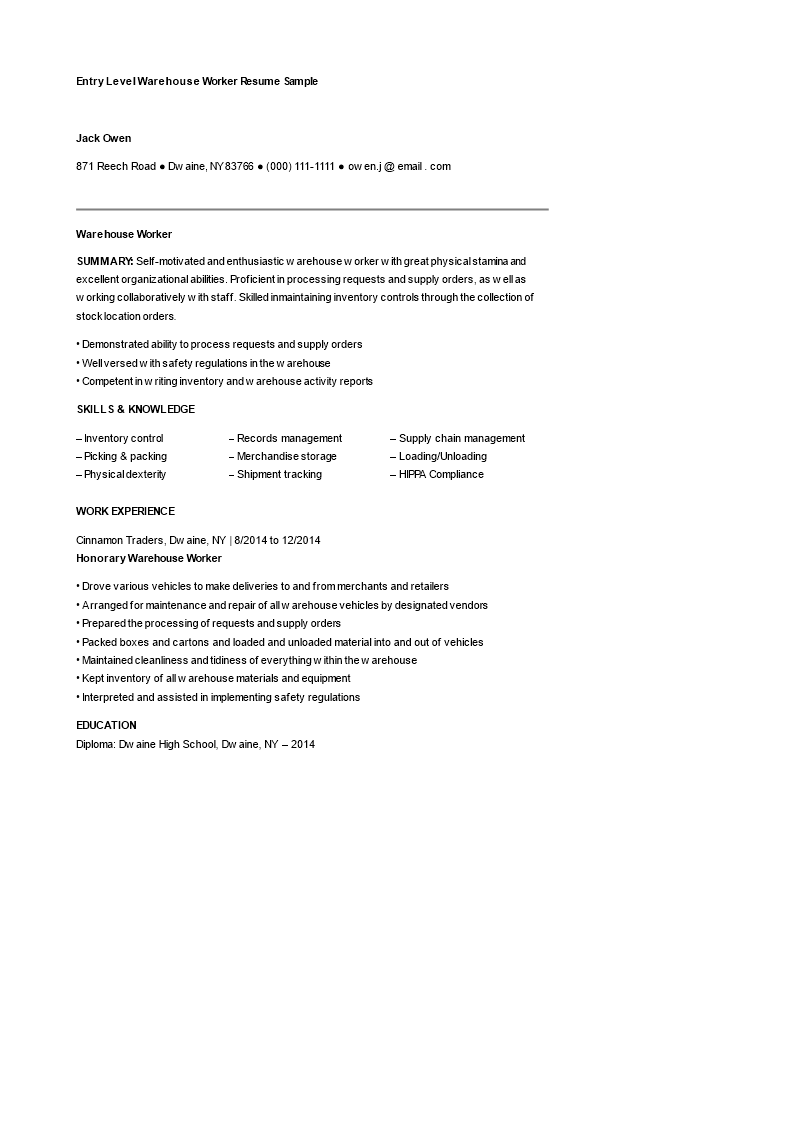 Entry Level Warehouse Worker Resume Sample 模板