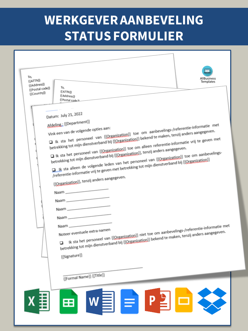 aanbevelingsformulier werkprestaties plantilla imagen principal