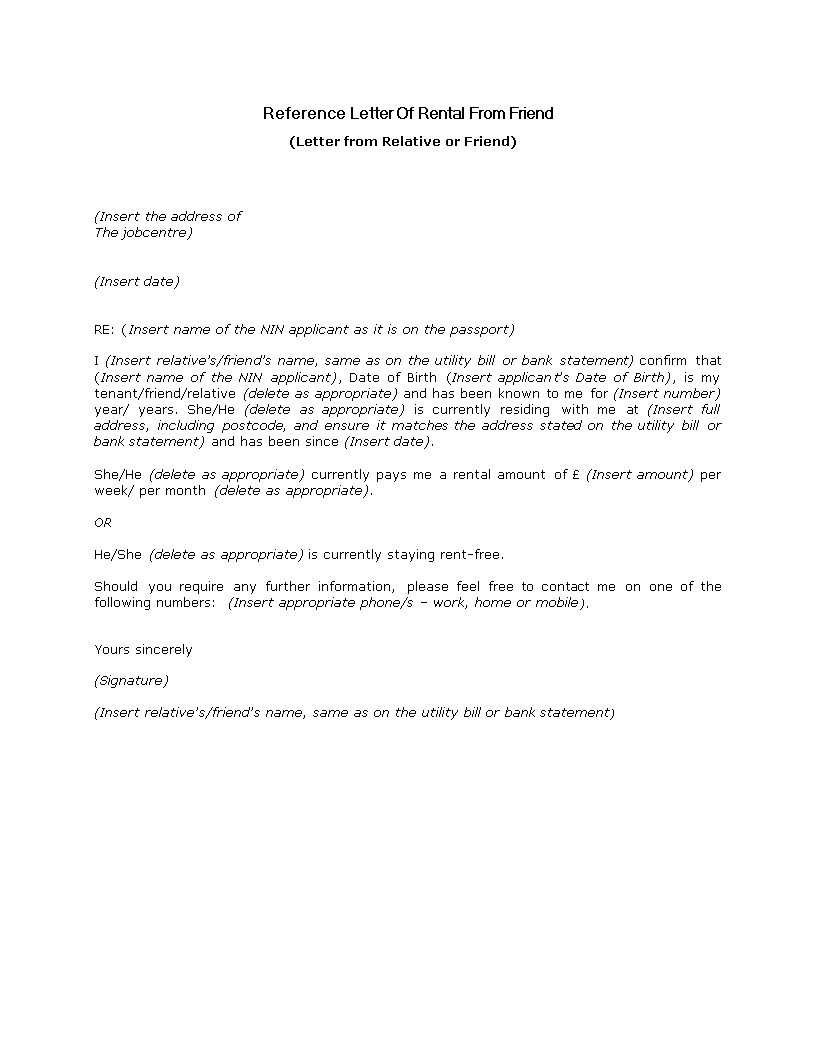 Kostenloses Reference Letter Of Rental From Friend Intended For Letter Of Recommendation For A Friend Template