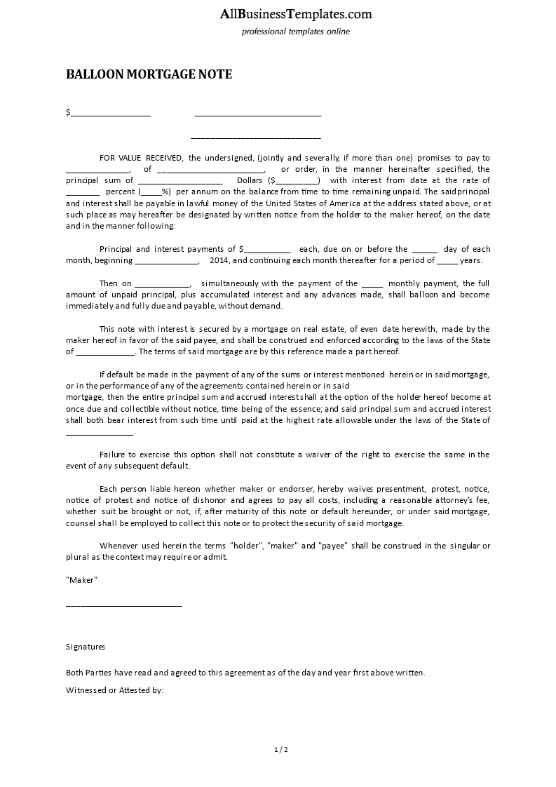 baloon mortgage note template