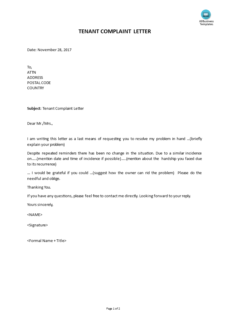 complaint letter from tenant modèles