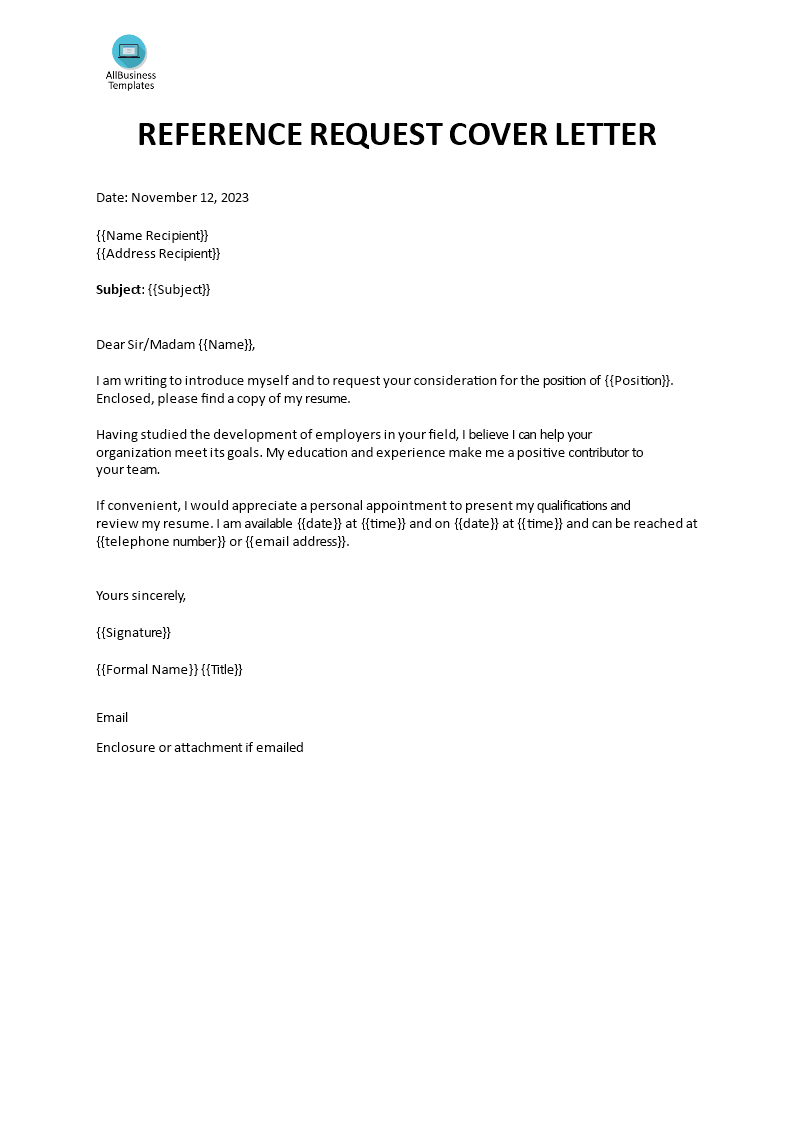 reference request cover letter template