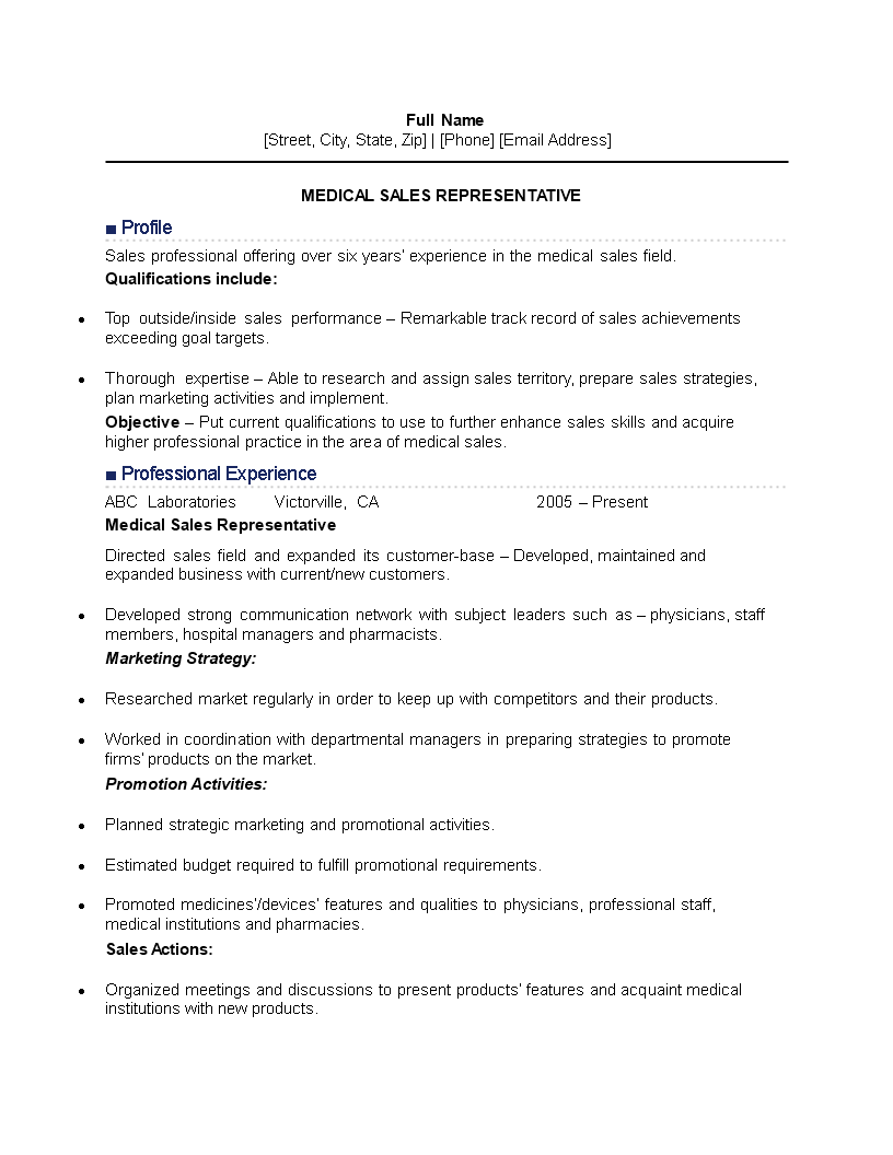 Medical Marketing Representative Resume main image