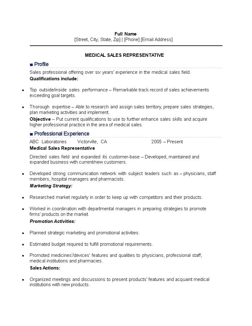 medical marketing representative resume modèles