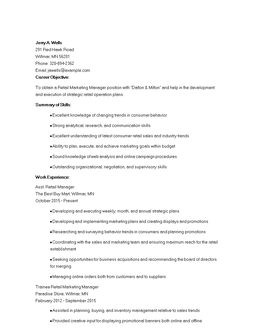 retail marketing experience resume modèles