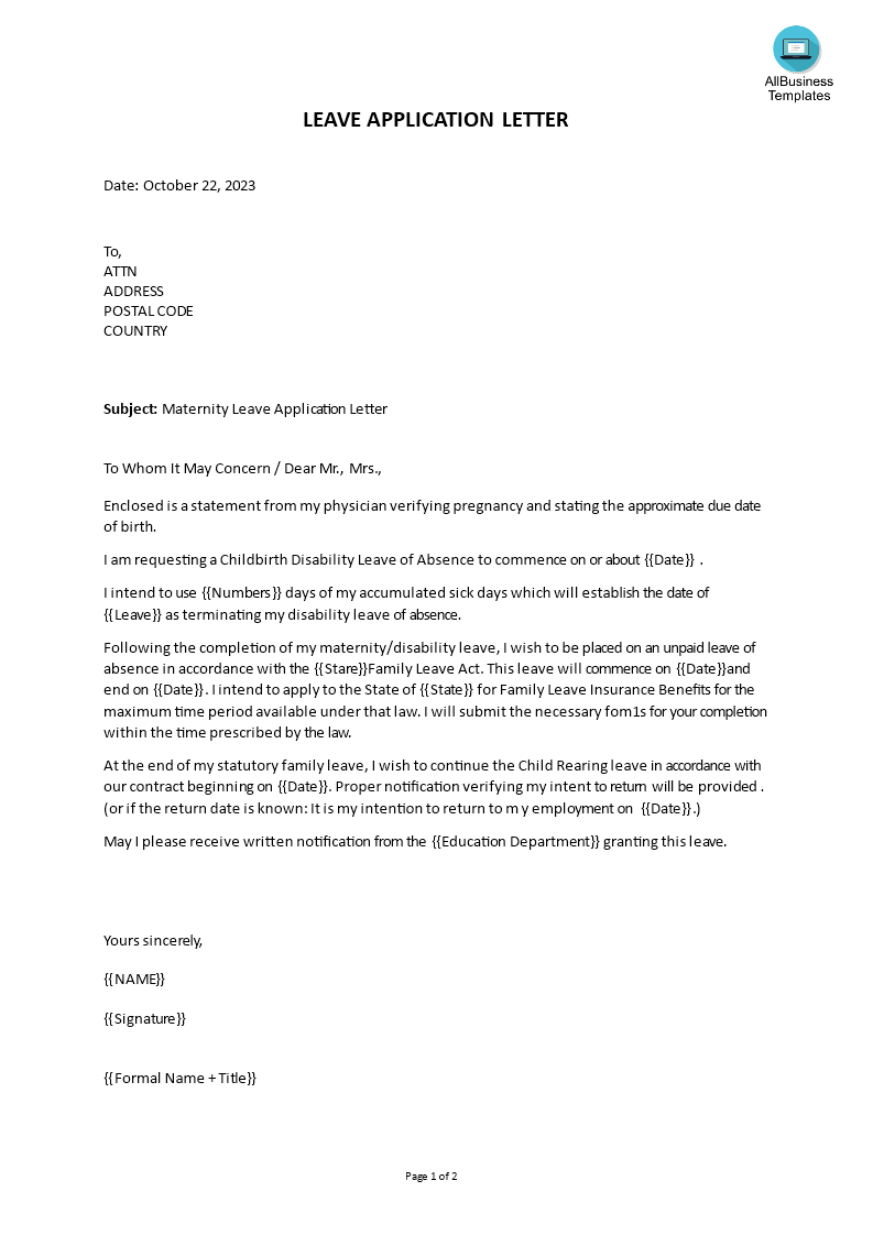 example of application letter for maternity leave