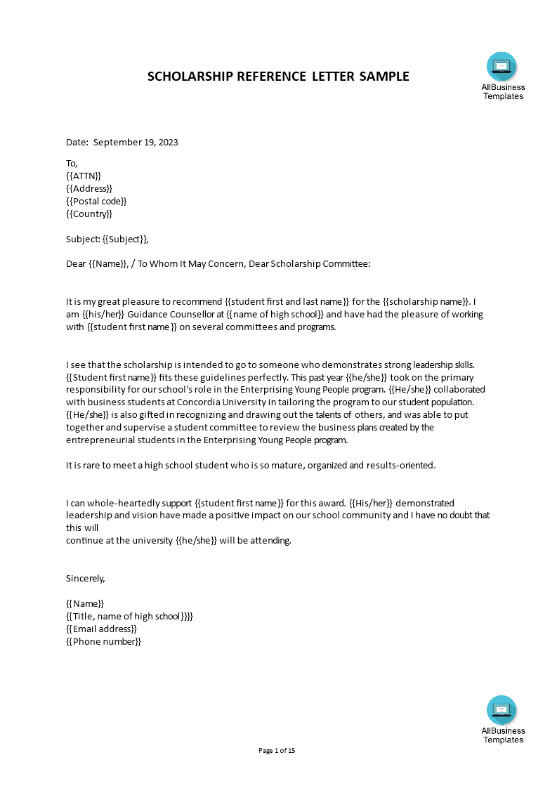 recommendation letter for scholarship from teacher template