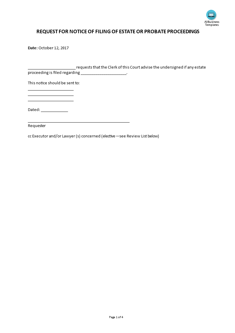 request for notice of filing probate proceedings Hauptschablonenbild