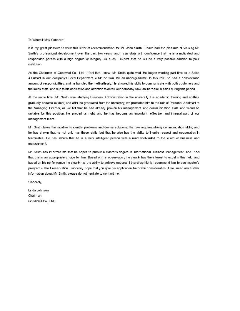 letter of recommendation for employment template