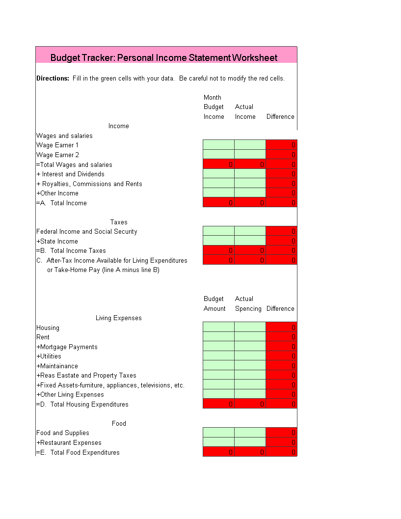 personal income statement excel template