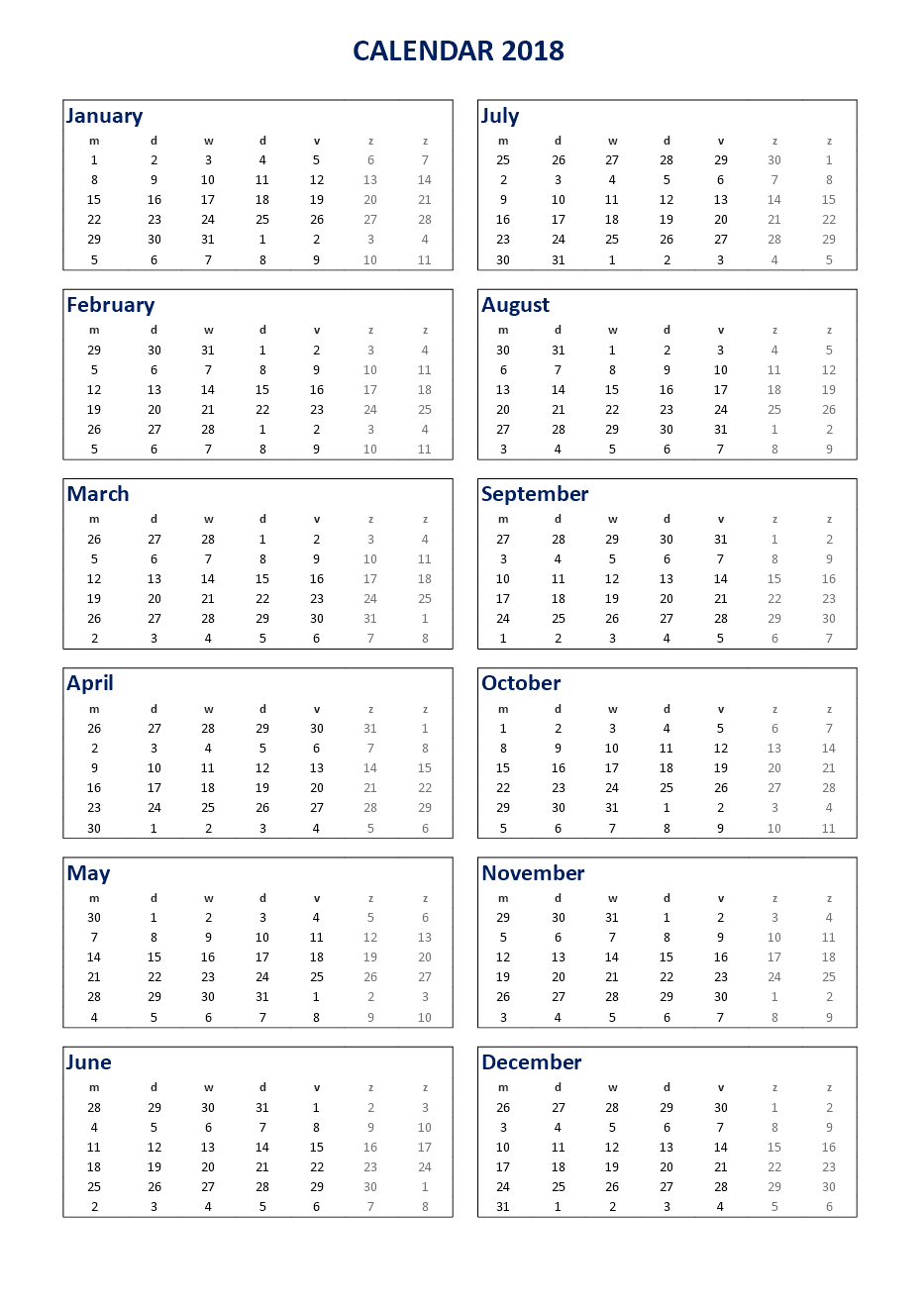 2018 calendar excel a3 portrait voorbeeld afbeelding 